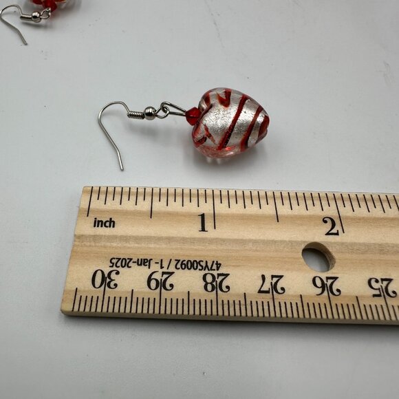 Glass Heart Bead Bracelet Earrings Set Silver Tone Red Swirl Pierced 7 Inch - Picture 8 of 11